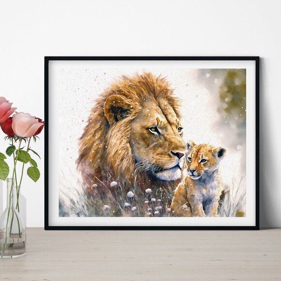 Lion With Cub Gorgeous Fantasy‎ Art Oil Painting Print - Picture 3 of 5